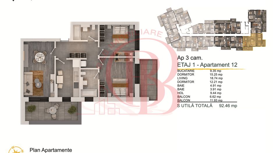 Apartament 3 camere Titan-Pallady cu Loc de Parcare Gratuit - Schiță 2