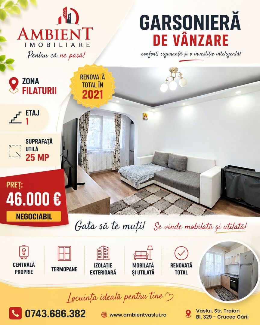 Apartament cu 1 cameră, etaj 1, mobilat și utilat, VASLUI - zona FILATURII; - Poză 1