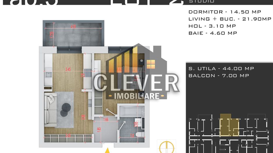 2 camere tip studio 51mp - Zona Pallady - Comision 0%, metrou Teclu - Schiță 12