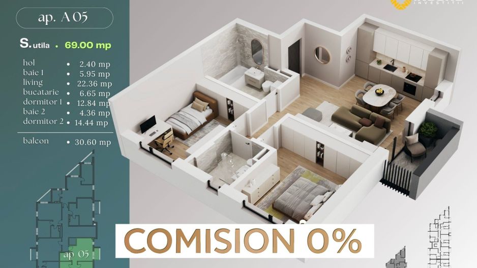 Comision 0% Apartament 3 camere | 69 mp utili | Balcon 4,31 mp | Liceul Babel - Poză 1