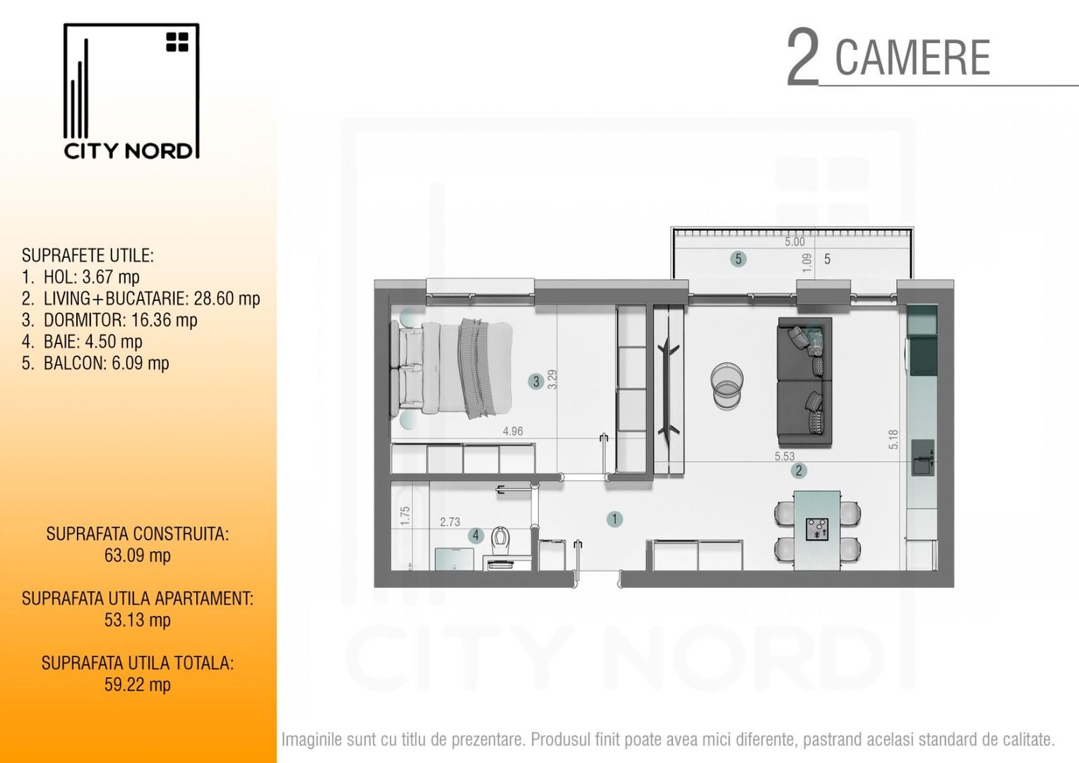 Apartament 2 camere - 59.2 mp - CITY NORD Stefan cel mare - Poză 1