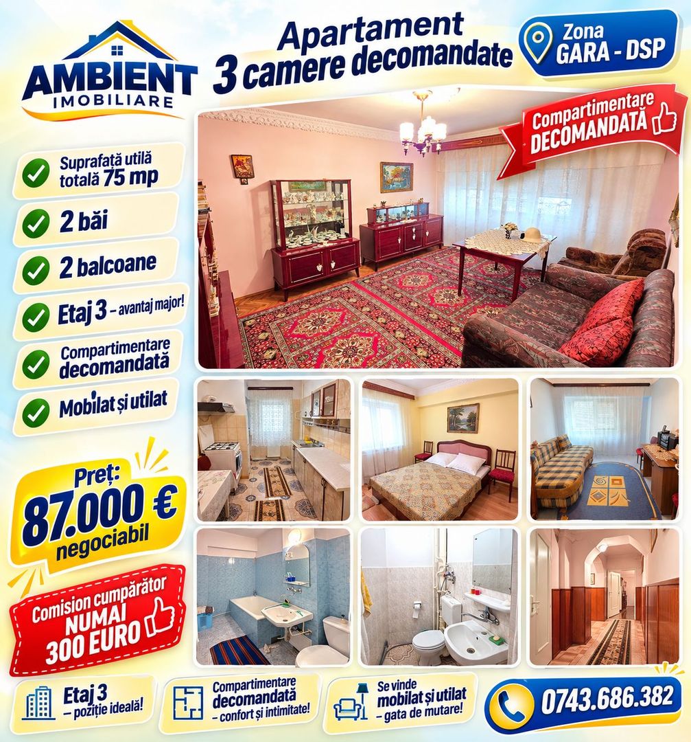 Apartament 3 camere, etaj 3, VASLUI - zona GARA; - Poză 1