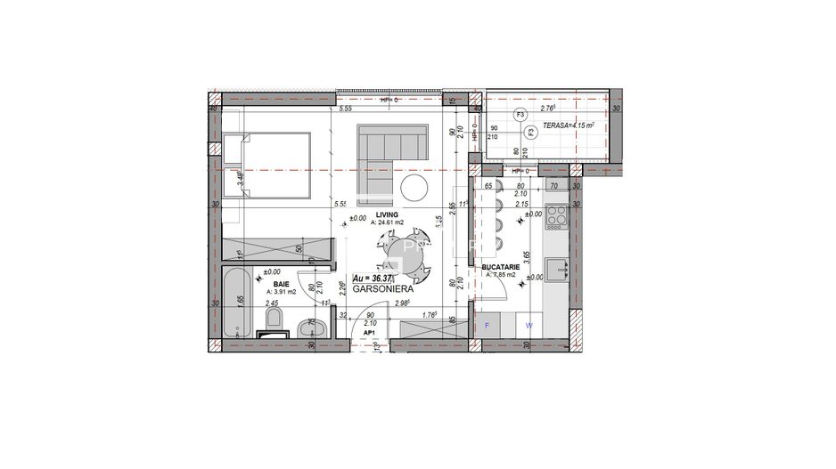 Garsonieră cu bucătărie separată – 36.37 mp utili + balcon– DaVinci Homes, Sibiu - Schiță 9
