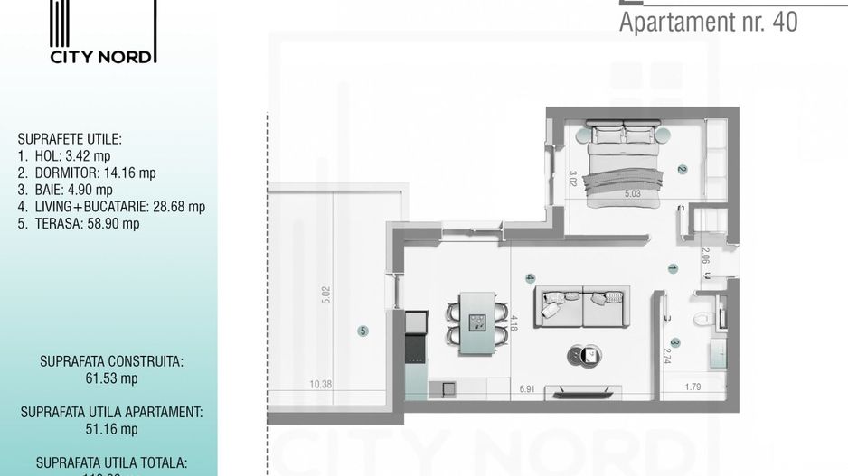 Apartament 40 – 2 camere – 51.2 mp – Terasă – Etaj 3R - Poză 1