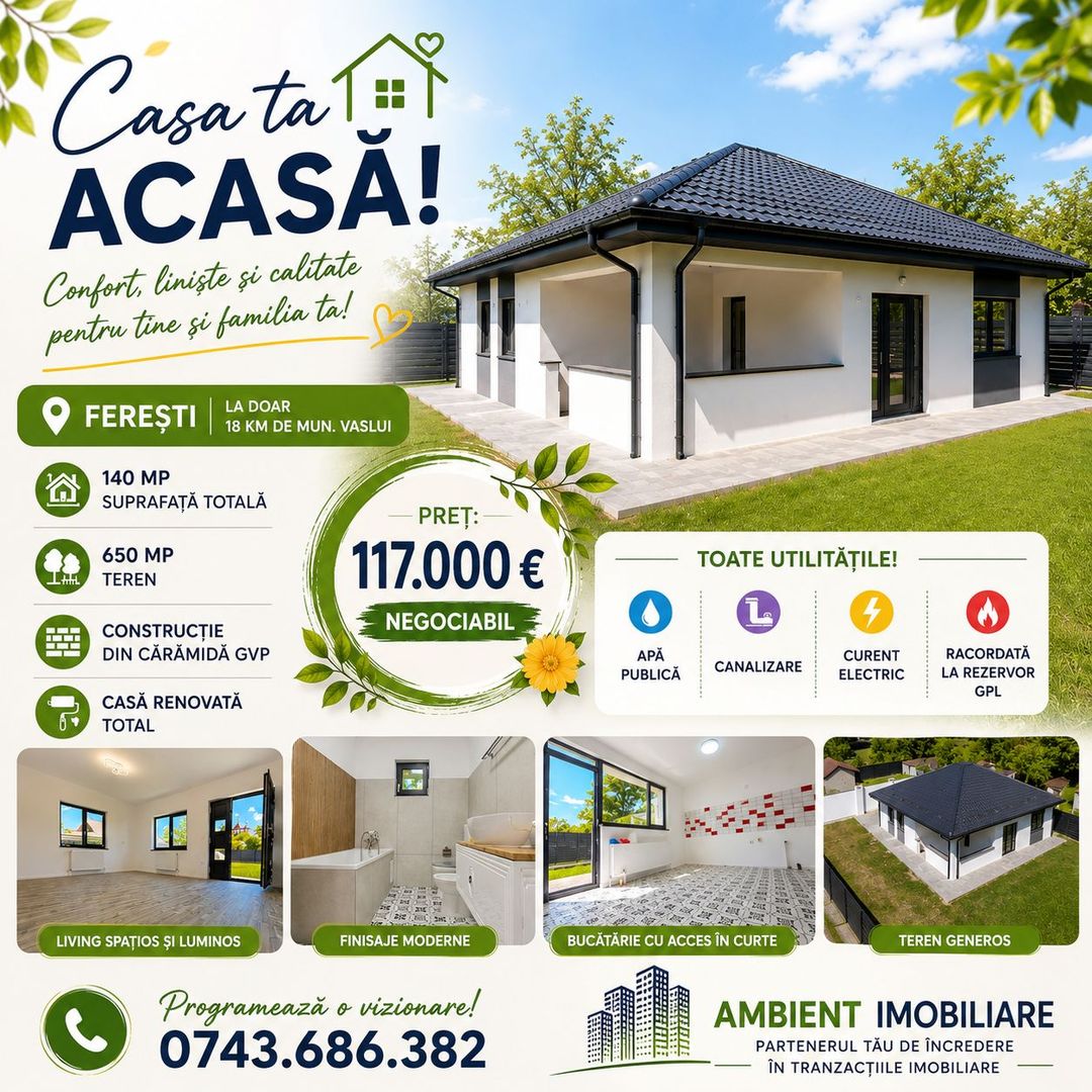 CASA individuala nouă, cu teren 650 mp, localitatea FEREȘTI - VASLUI; - Poză 1