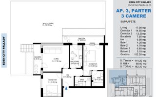3 Camere cu gradina 102mp -Titan Pallady-Metrou Teclu - Schiță 2