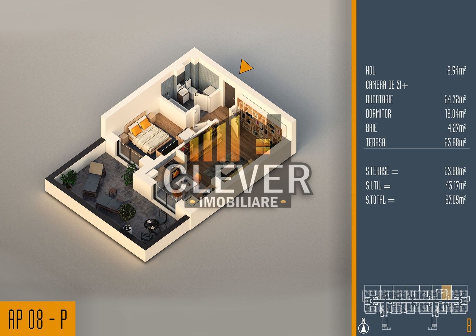 2 camere cu terasă 24 mp | Open space | Pallady - Schiță 11