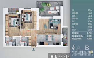 Apartament 2 Camere ,Incalzire in Pardoseala,Titan-Auchan - Schiță 8