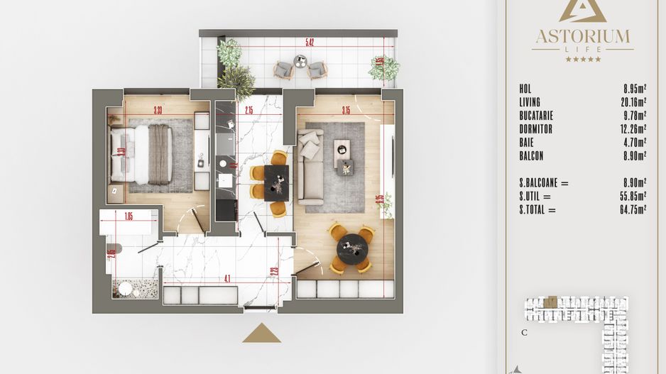 2 camere decomandat- proiect premium Titan Pallady - Schiță 1