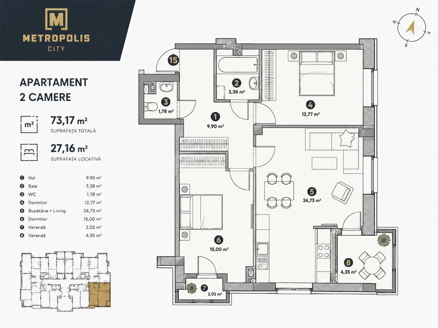 Apartament cu 2 camere | 73,17 m² | METROPOLIS City | Botanica, Chișinău - Schiță 1
