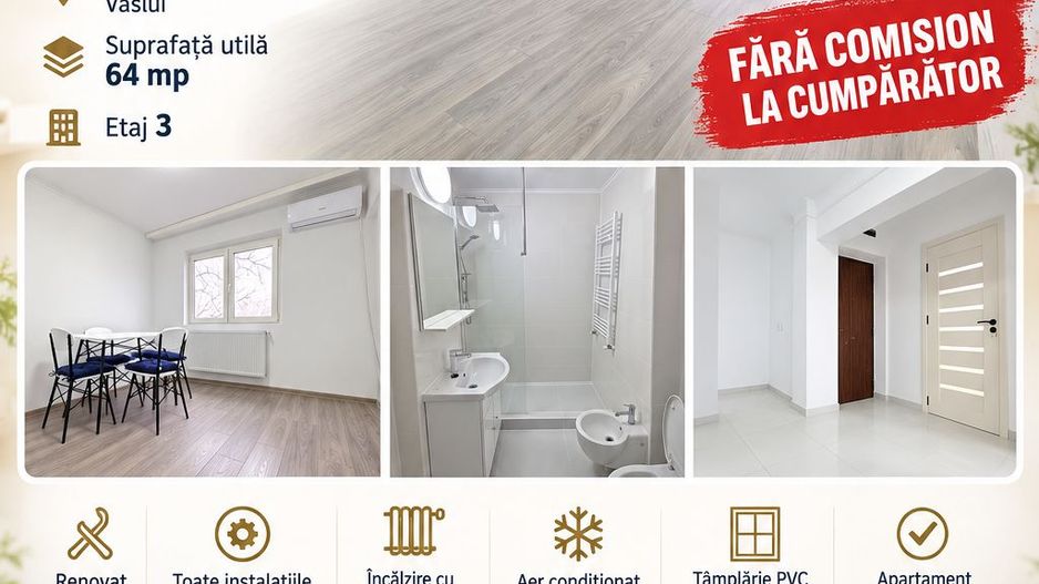 Apartament cu 3 camere, etaj 3, renovat total, VASLUI zona CENTRU-AUROCOR; - Poză 1
