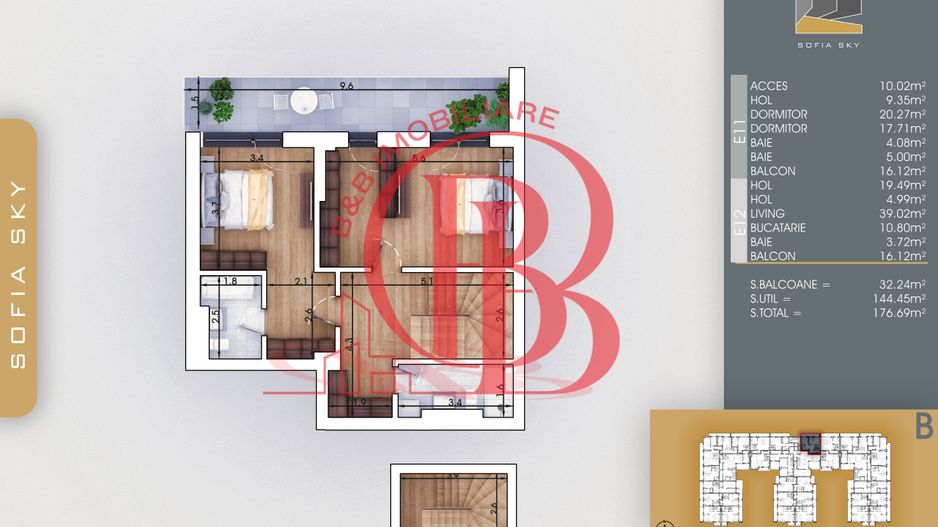 Th. Pallady 3 camere Duplex | Living 39mp | Dormitor 20mp - Schiță 3