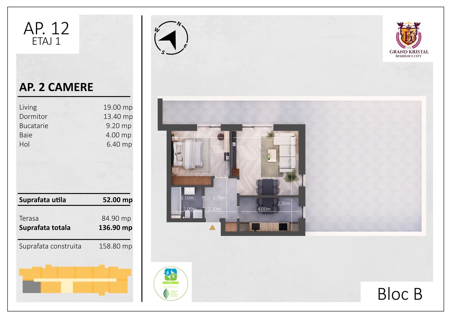 The Grand Kristal - 2 camere decomandate si terasa 85 mp, Sector 4 - Schiță 5