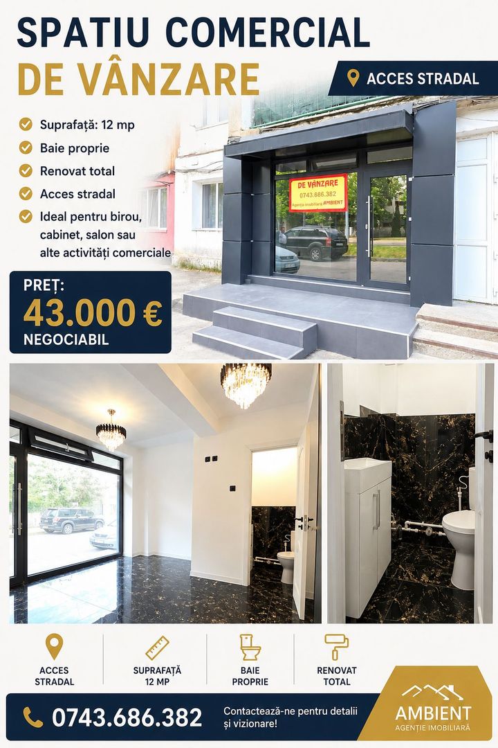 Spatiu comercial 12 mp, renovat total, Vaslui - zona Liceu Procopiu; - Poză 1