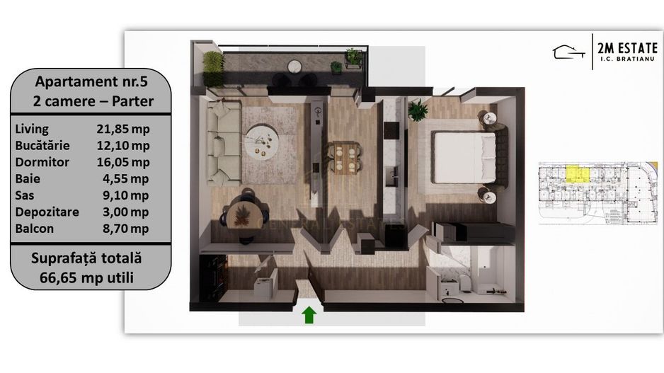 Apartament 2 camere, Parter, 65 mp utili + balcon, orientare Vestica - Poză 26