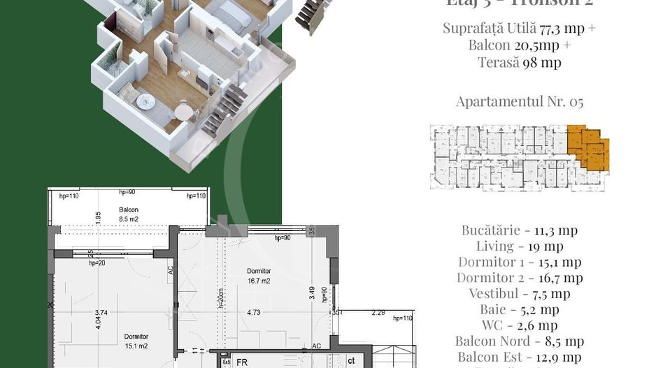 Apartament 3 camere | Rooftop Privat | Pallady Metrou Teclu - Schiță 3