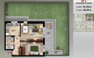 Ap 2 Camere Decomandata,Curte 83 mp,Nicolae Grigorescu-Metrou - Schiță 6