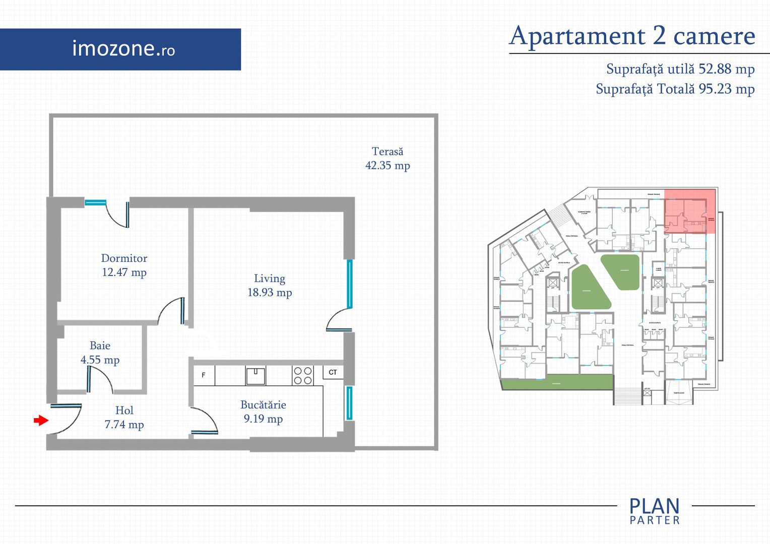 2 camere 52 mp+42 mp terasa, parter, Bloc finalizat, centrala, bucatarie inchisa - Poză 8