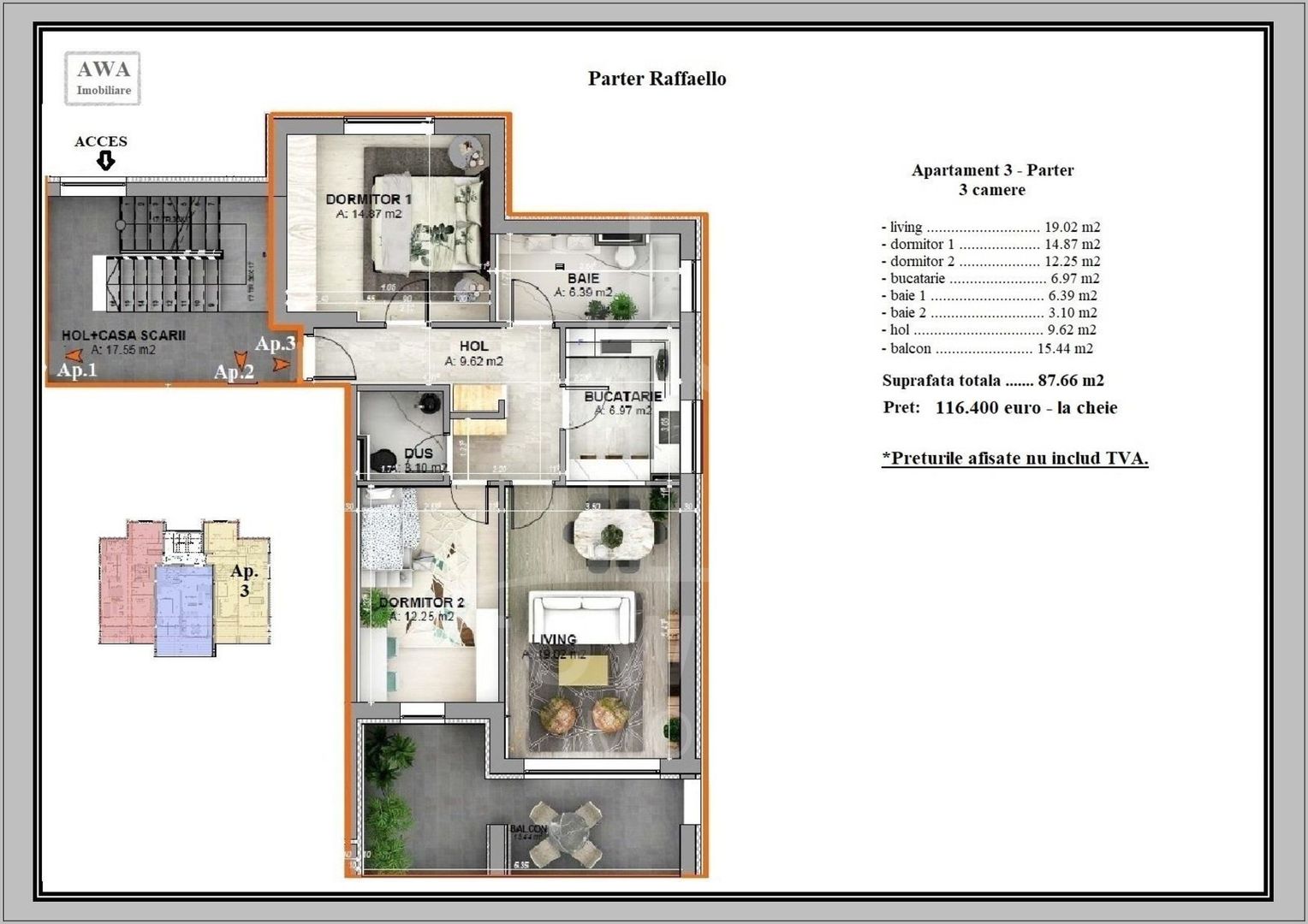 Apartament 3 camere, 87.66 mp utili – Etaj 2, Vilă – 115000 EURO - Poză 1