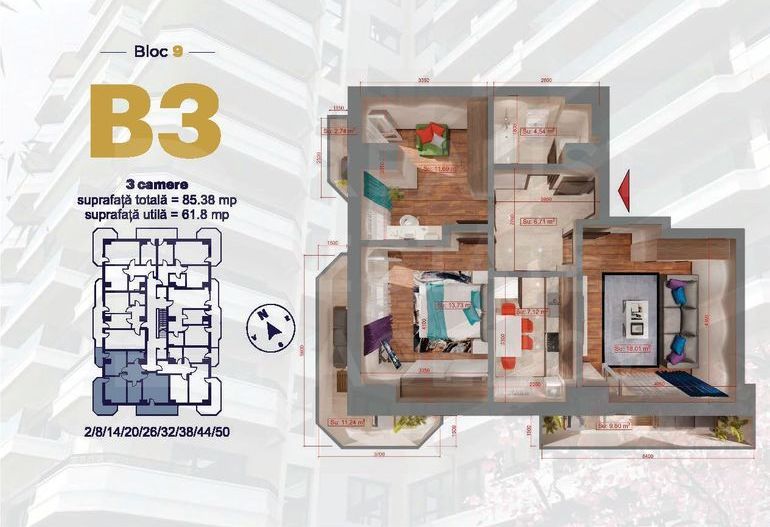 Apartament cu 3 camere, de tip B3 - Royal Town Copou - Poză 1