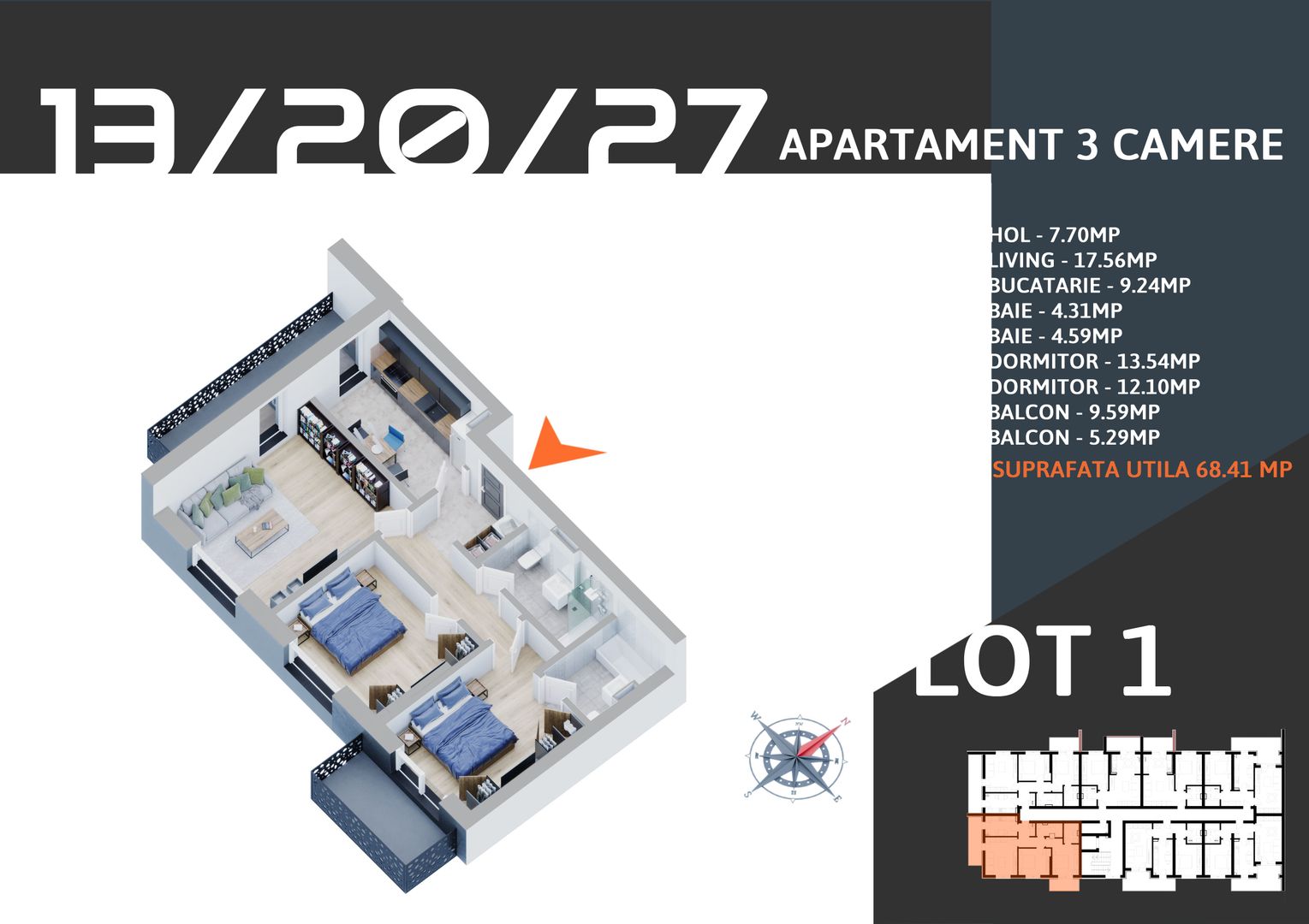 3 camere decomandat cu parcare finalizare rapida Pallady - Schiță 5