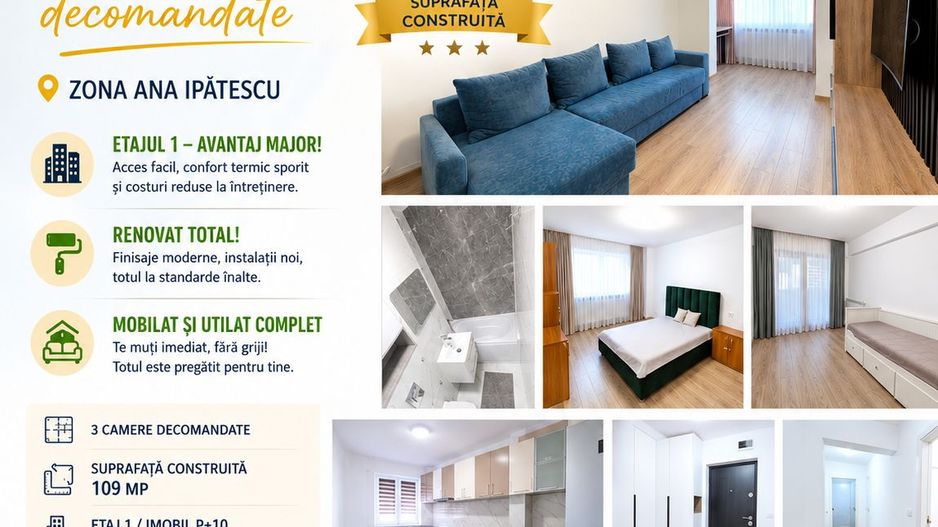 Apartament 3 camere, ETAJ 1, 109 mp, mobilat și utilat, VASLUI - ANA IPĂTESCU; - Poză 1
