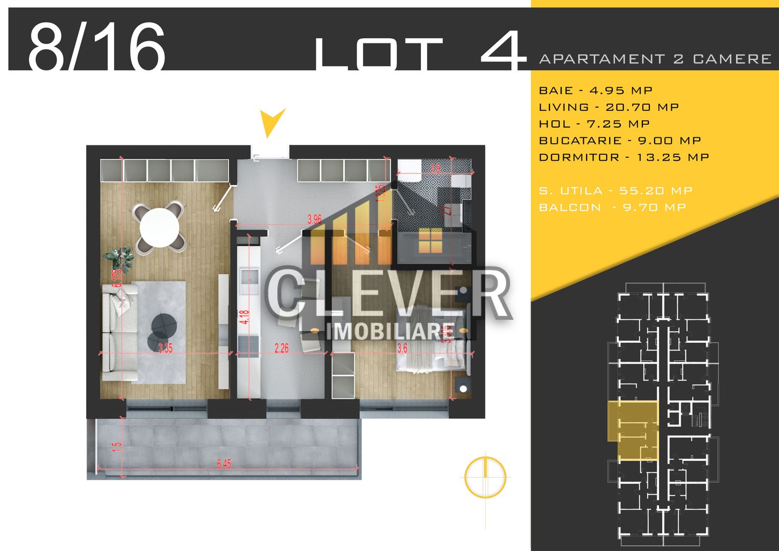 2 camere Pallady | 64,90 mp | Balcon 9,70 mp | Ansamblu P+3 - Poză 2