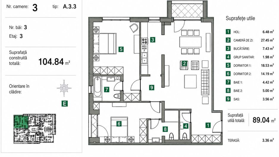 Apartament cu 3 camere | 89 mp utili | Sisești - Schiță 13