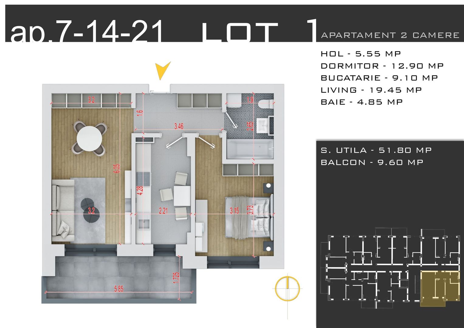 2 camere decomandat -parcare inclusa -Pallady - Schiță 1