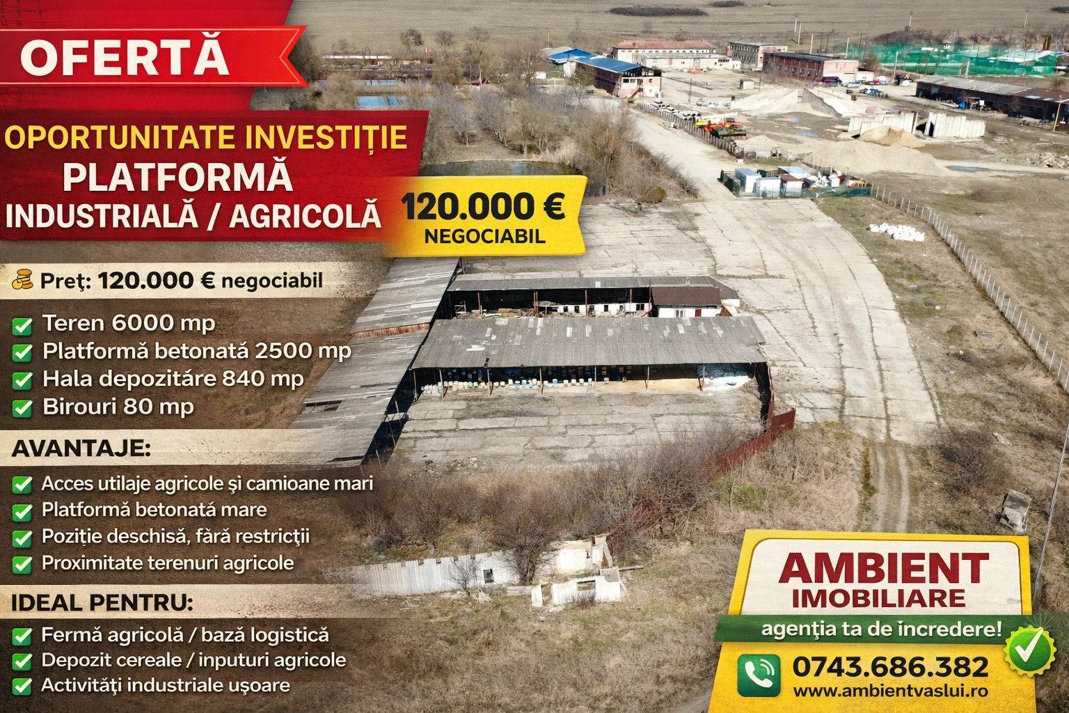 CONSTRUCȚIE EDILITARĂ, teren 6.000 mp, cu platforma betonată 2.500 mp, VASLUI; - Poză 1