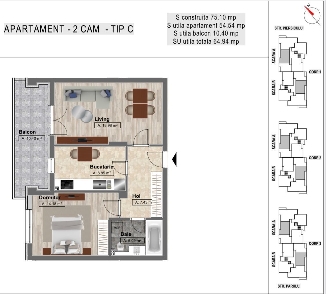 Apartament 2 camere Dobroesti / SU 64,94 mp / bloc nou / comision 0 - Poză 9