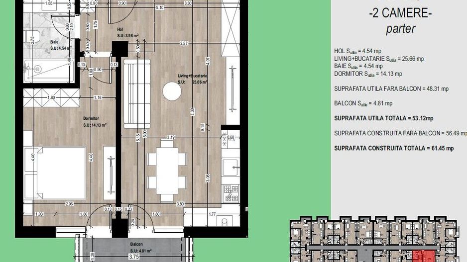 Apartament nou de vânzare Otopeni – 2 camere, balcon, parcare inclusă - Schiță 5