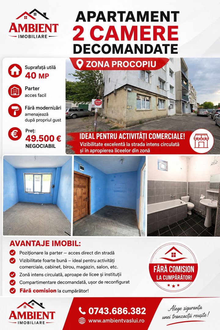 Apartament cu 2 camere, parter, ideal spatiu comercial, VASLUI - zona PROCOPIU; - Poză 1
