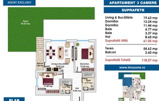 3 CAMERE LA PARTER CU CURTE PROPRIE DE 57MP,  2 BAI, POZITIE PE SUD, COMISION 0%