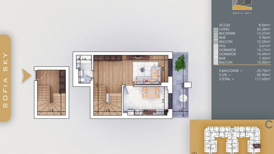 3 camere Duplex  700 metri Metrou Nicolae Teclu Pallady - Schiță 8