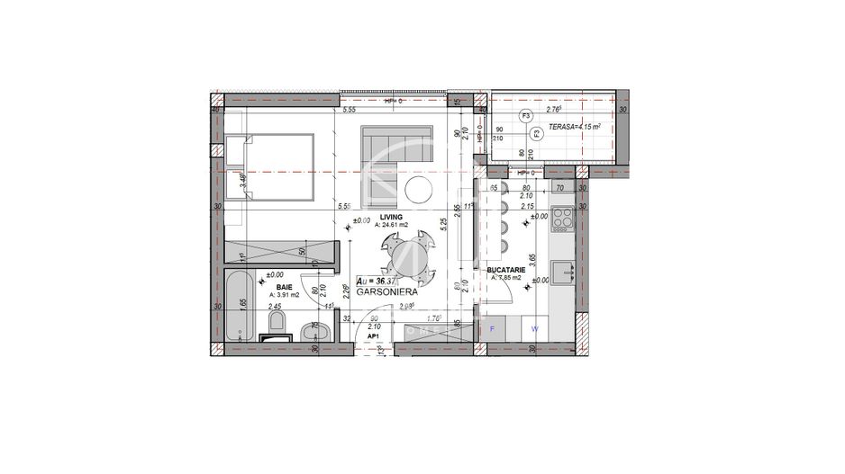 Garsoniera 36.37 mp, bucatarie separata, aer conditionat(LOG-GAL-ap.1) - Poză 2