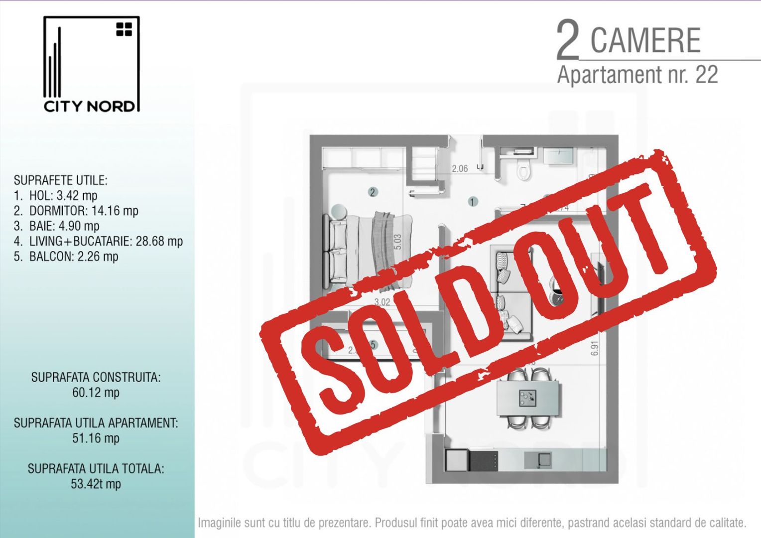 Apartament 2 camere –53.25 mpu -  CITY NORD 1 Decembrie - Poză 1