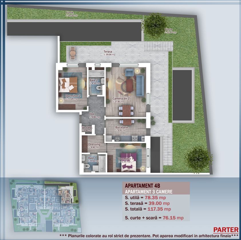 AP. 3CAM DECOMANDAT + GRADINA 70MP / BLOC P+4. COMISION 0%! - Poză 4