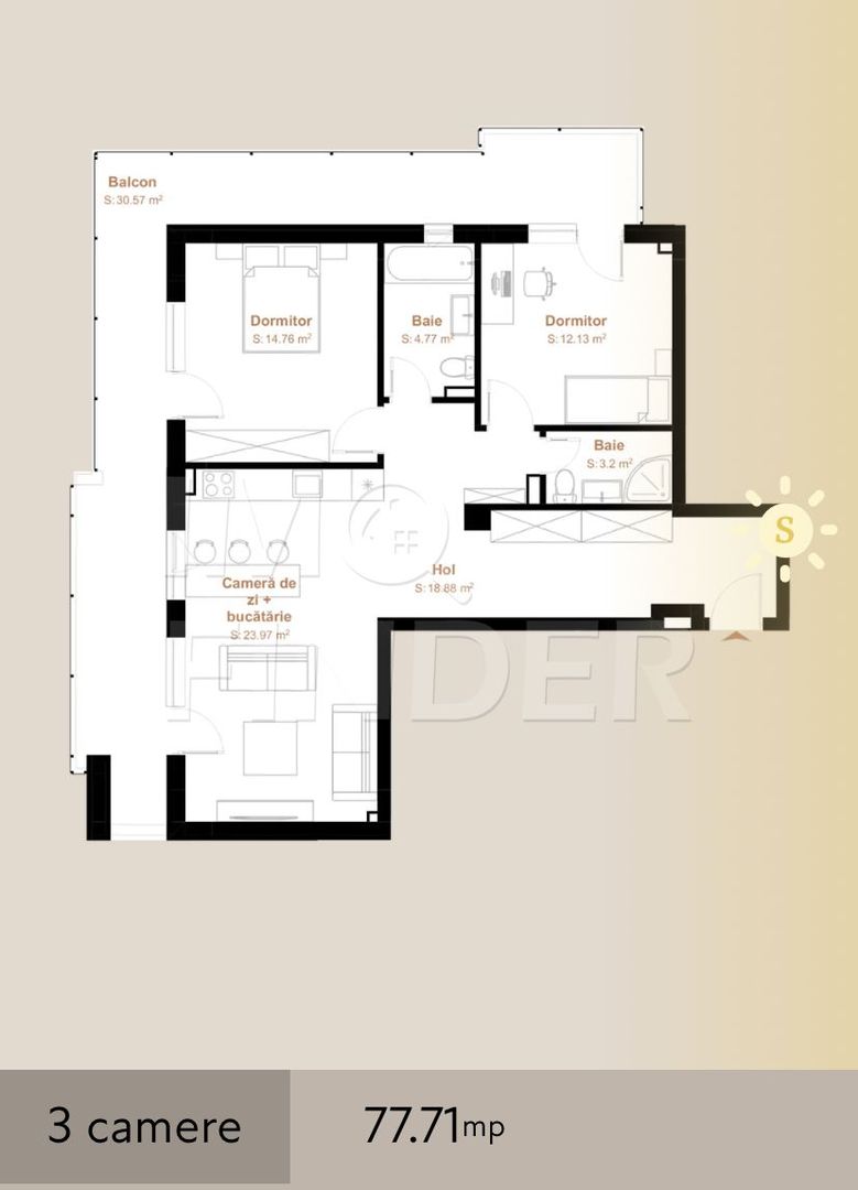 3 camere 78 mp- terasa de 31 mp,  zona VIVO - Poză 3