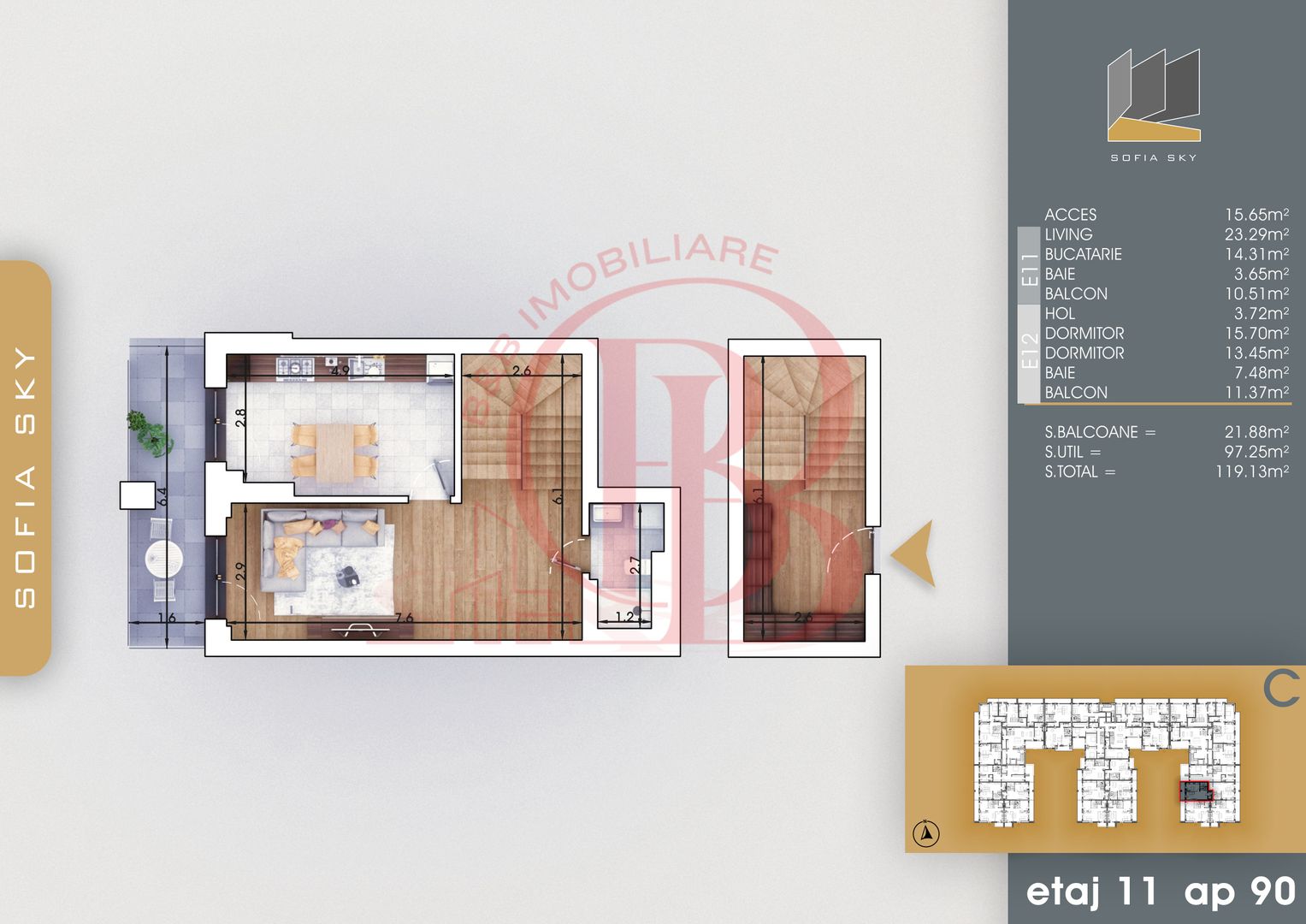 Duplex 3 camere cu Parcare Gratis | Bucatarie Inchisa 14mp - Schiță 4
