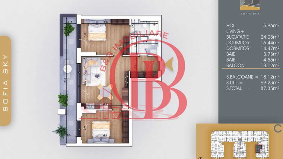 Apartament 3 camere cu 2 bai Finalizat 7 min Metrou Teclu - Schiță 3