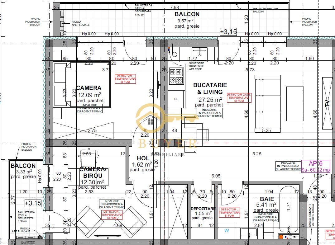 Apartament cu 3 cam la Etajul 1-2 balcoane, finisat la CHEIE - Schiță 7