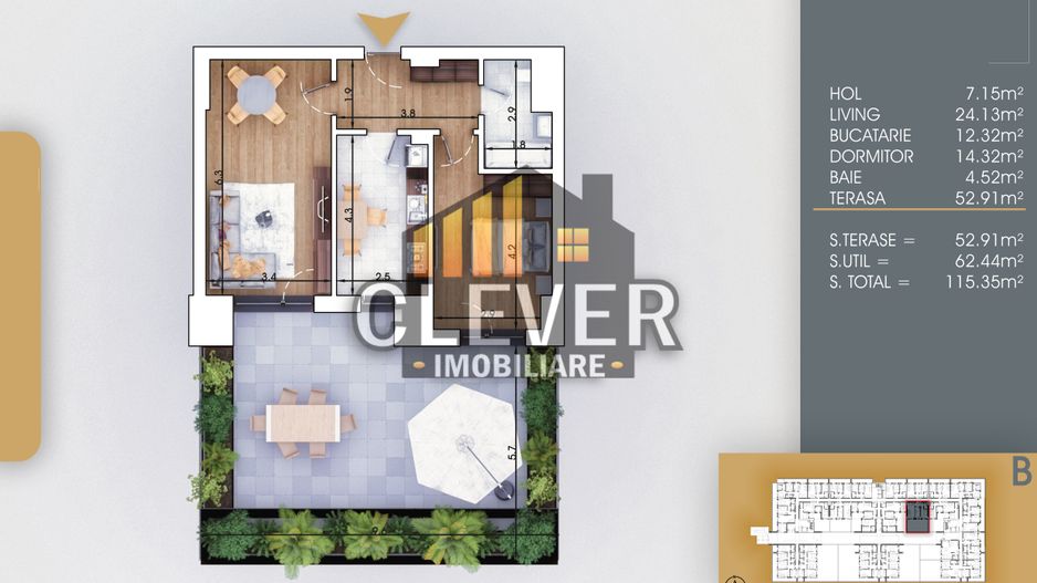 2 cam cu terasă mare PARCARE GRATIS, living 24m²,  8 min metrou Teclu - Schiță 7