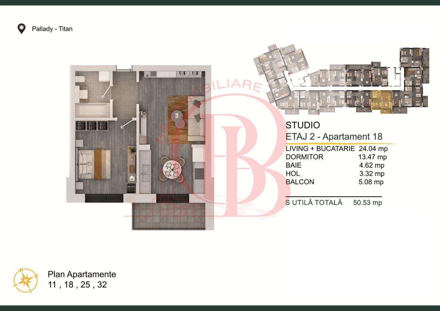 2 camere modern-Tip Studio Titan-Pallady Parcare Gratuita - Schiță 1
