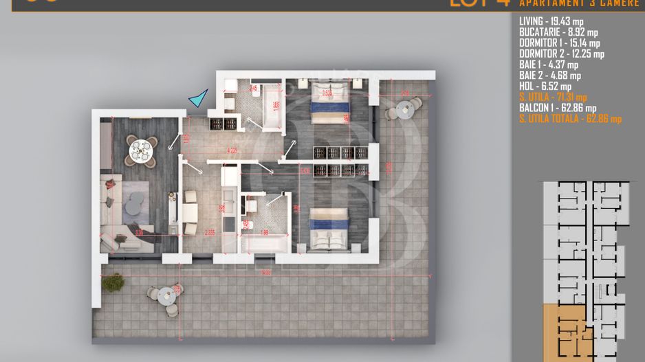 Apartament 3 camere Titan Th. Pallady-Sector 3-Metrou Teclu - Schiță 2