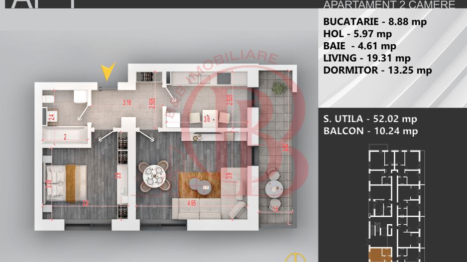 Apartament 2 camere bloc boutique parcul Teilor - Schiță 2