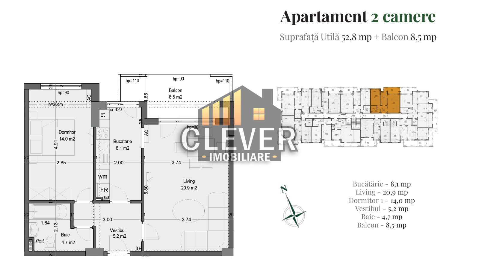 2 camere Pallady, bucătărie separată, balcon 8,5 mp - Schiță 15