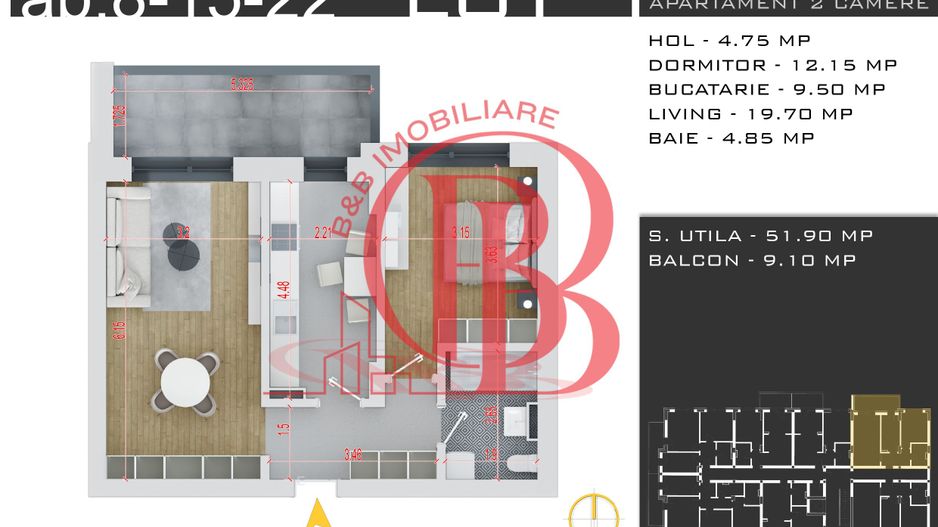 2 camere decomandat -Discount 50% Loc Parcare -Th. Pallady - Schiță 2