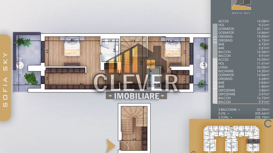 Penthouse duplex 4 cam 258 mp, lift privat, Pallady - Schiță 11