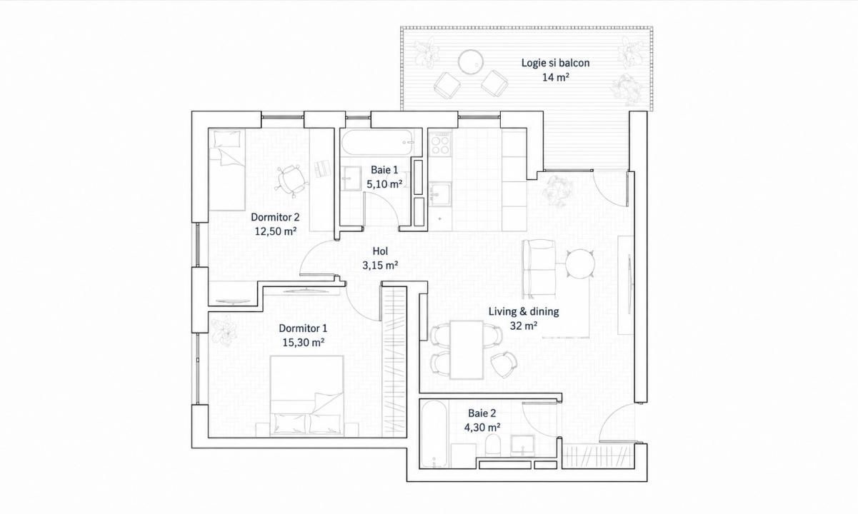 Apartament 3 camere, 72,35 mp, 2 bai + terasa 14 mp | Mehala | Comision 0% - Schiță 25